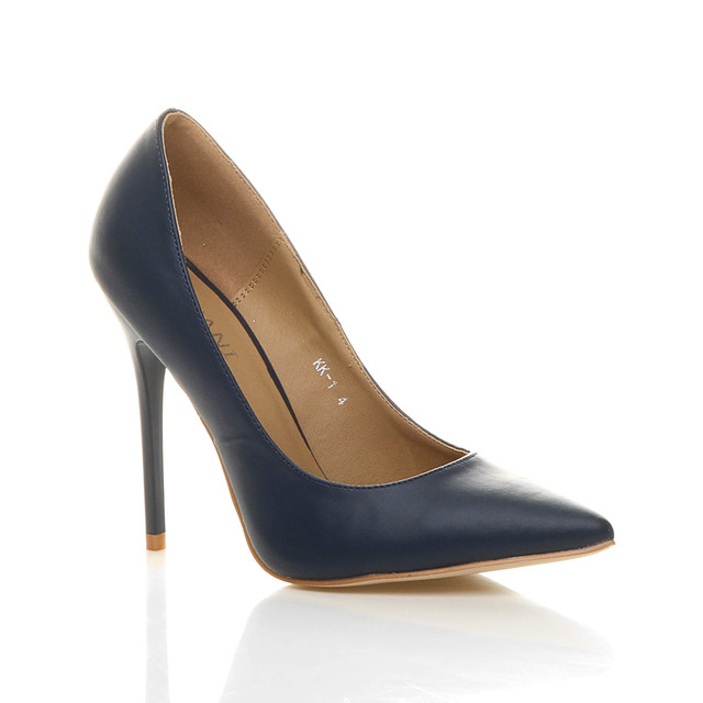 Front right side view of Navy PU High Heel Pointed Court Shoes