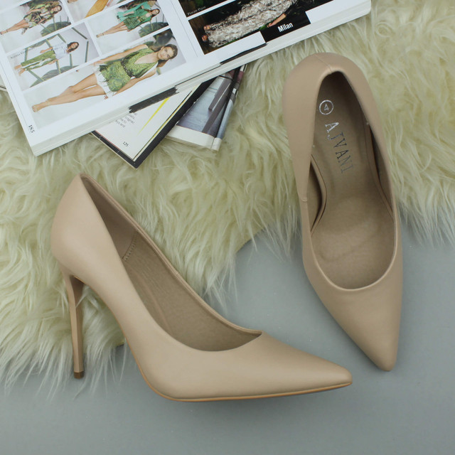 Closeup view of features of Nude PU High Heel Pointed Court Shoes