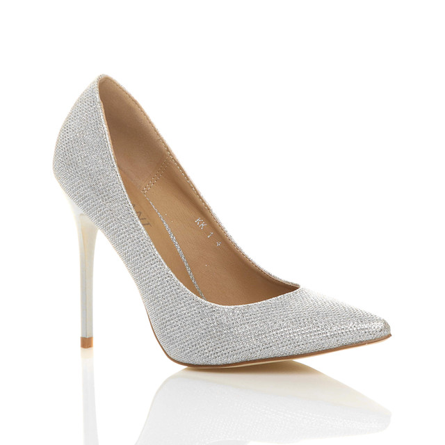 Front right side view of Silver Glitter High Heel Pointed Court Shoes