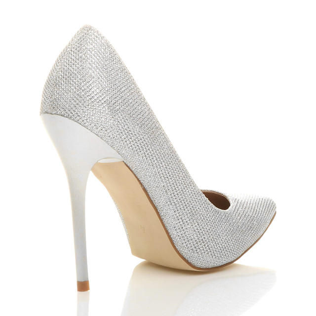 Back right side view of Silver Glitter High Heel Pointed Court Shoes