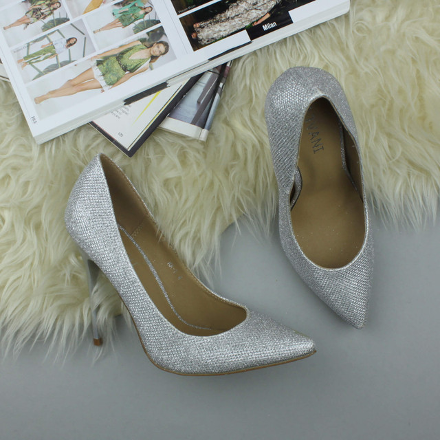 Closeup view of features of Silver Glitter High Heel Pointed Court Shoes