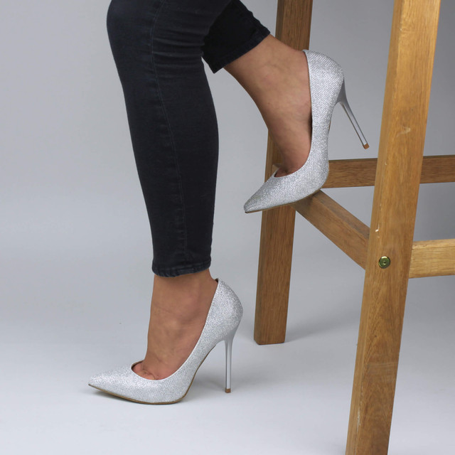 Model wearing Silver Glitter High Heel Pointed Court Shoes
