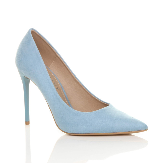Front right side view of Pale Blue Suede High Heel Pointed Court Shoes