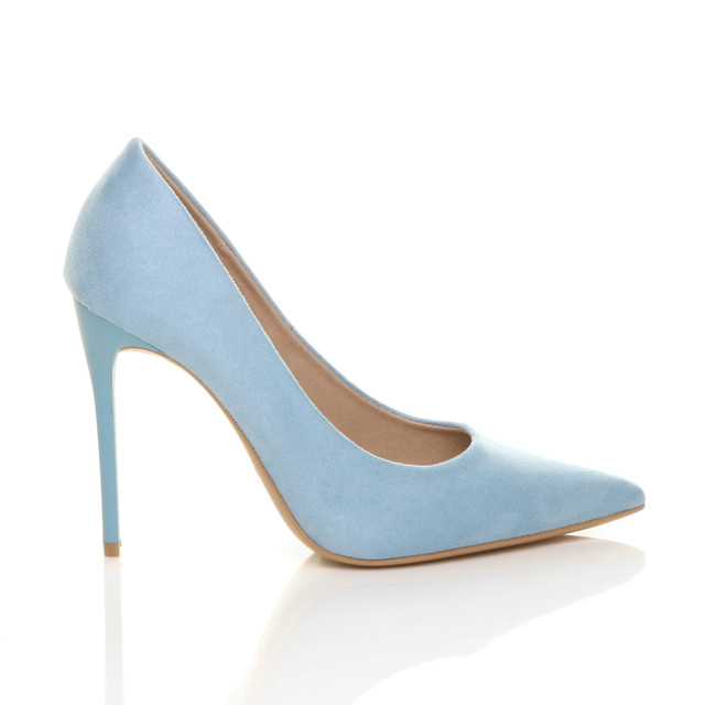Right side view of Pale Blue Suede High Heel Pointed Court Shoes