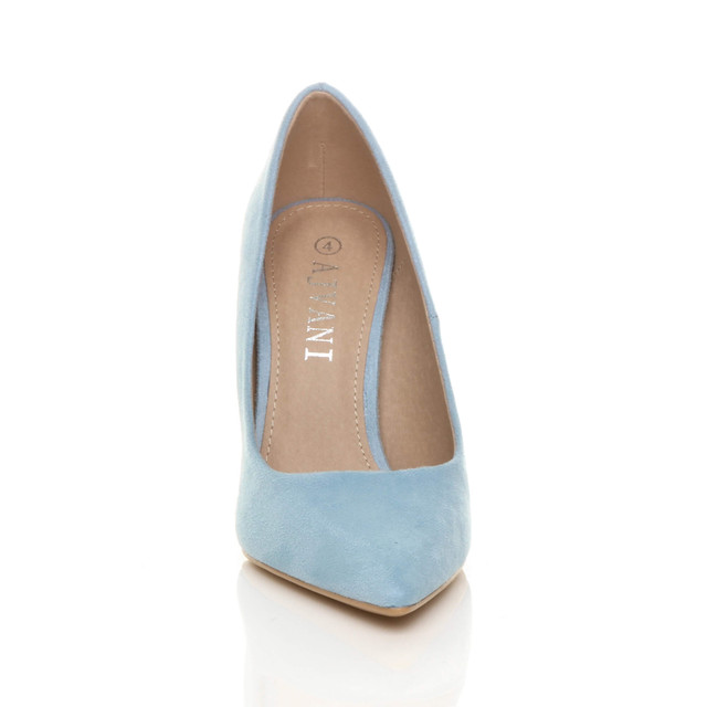 Front view of Pale Blue Suede High Heel Pointed Court Shoes