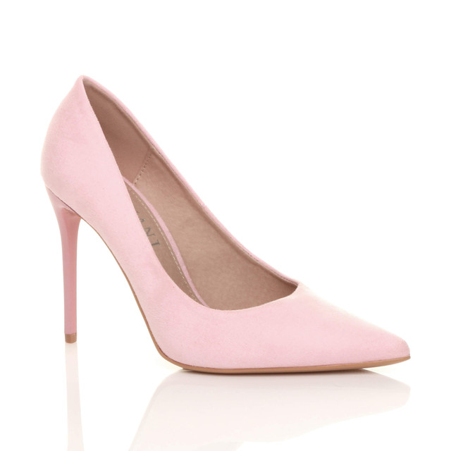 Front right side view of Pale Pink Suede High Heel Pointed Court Shoes