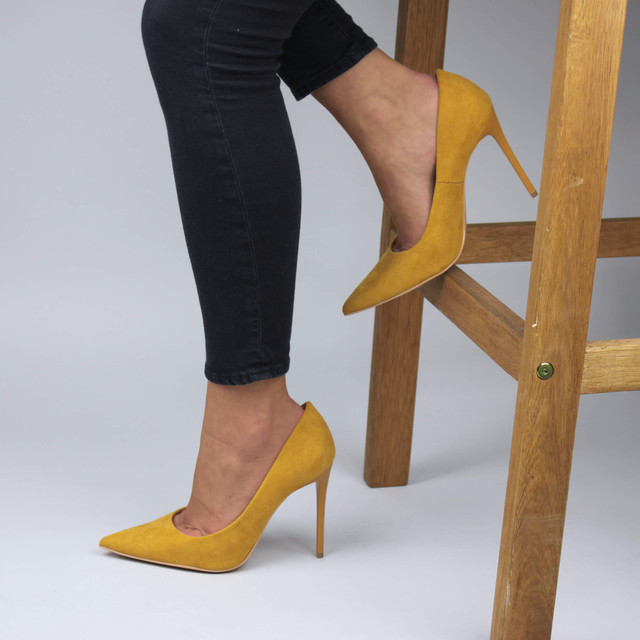 Model wearing Mustard Yellow Suede High Heel Pointed Court Shoes