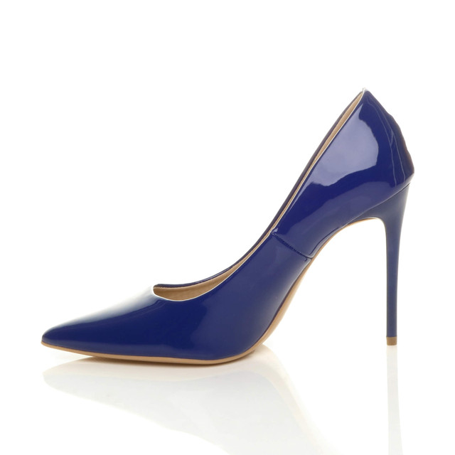Left side view of Dark Blue Patent High Heel Pointed Court Shoes