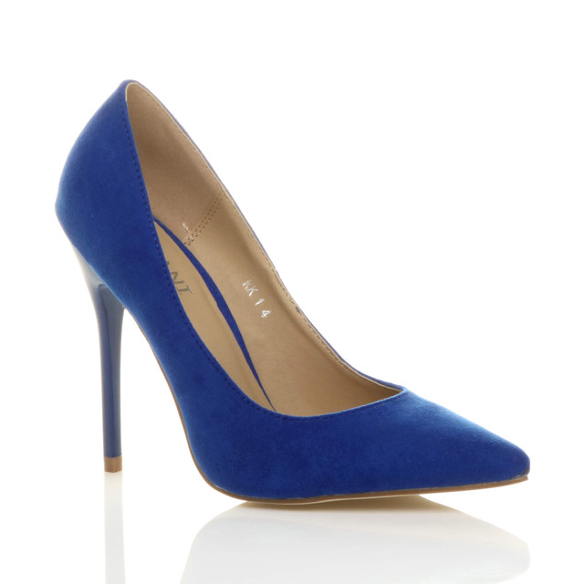 Front right side view of Cobalt Blue Suede High Heel Pointed Court Shoes