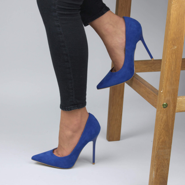 Model wearing Cobalt Blue Suede High Heel Pointed Court Shoes