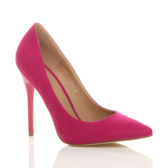Front right side view of Fuchsia Pink Suede High Heel Pointed Court Shoes
