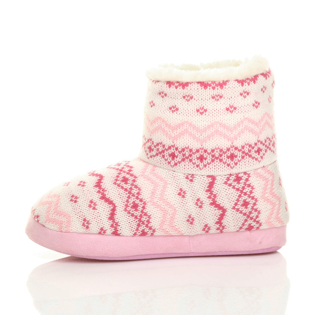 Left side view of Pink Fairisle Knit Fur Lined Winter Ankle Boots Slippers Booties
