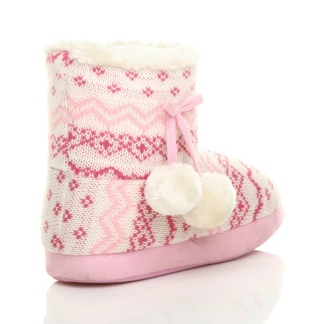 Back right side view of Pink Fairisle Knit Fur Lined Winter Ankle Boots Slippers Booties