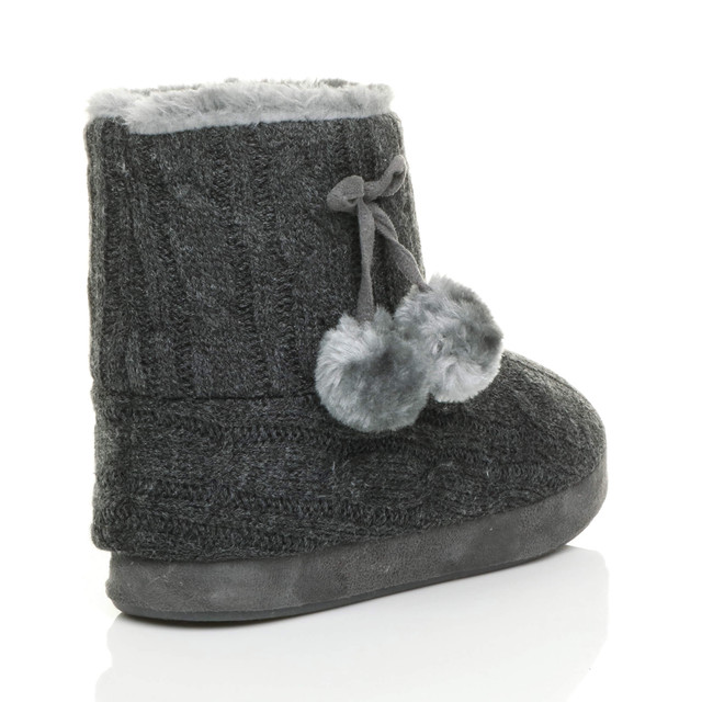Back right side view of Grey Knit Fur Lined Winter Ankle Boots Slippers Booties