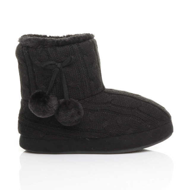 Right side view of Black Knit Fur Lined Winter Ankle Boots Slippers Booties