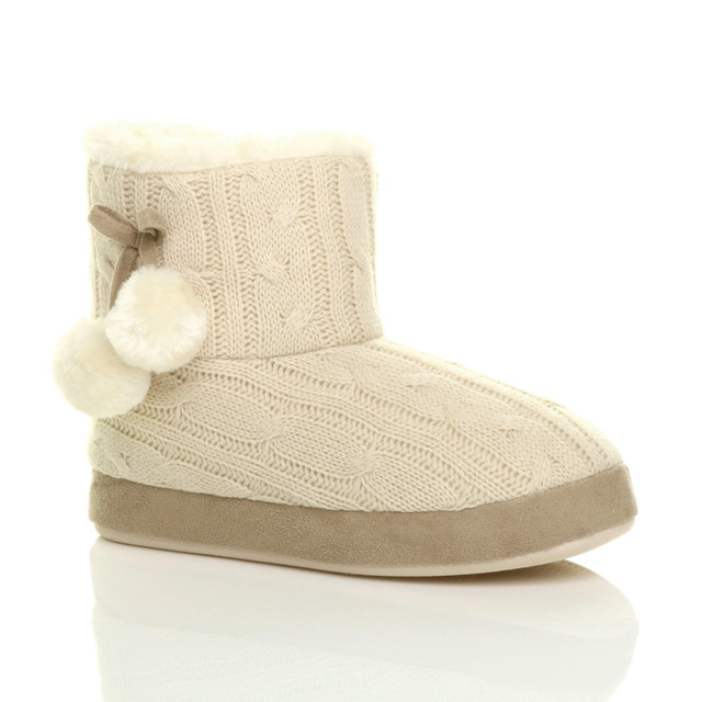 Front right side view of Beige Knit Fur Lined Winter Ankle Boots Slippers Booties