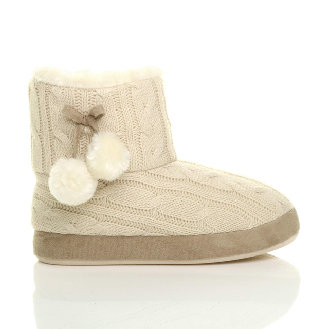 Right side view of Beige Knit Fur Lined Winter Ankle Boots Slippers Booties