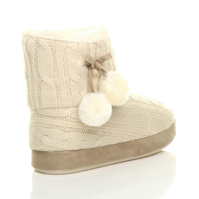 Back right side view of Beige Knit Fur Lined Winter Ankle Boots Slippers Booties