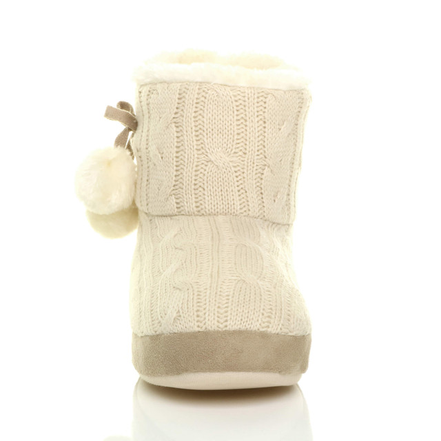 Front view of Beige Knit Fur Lined Winter Ankle Boots Slippers Booties