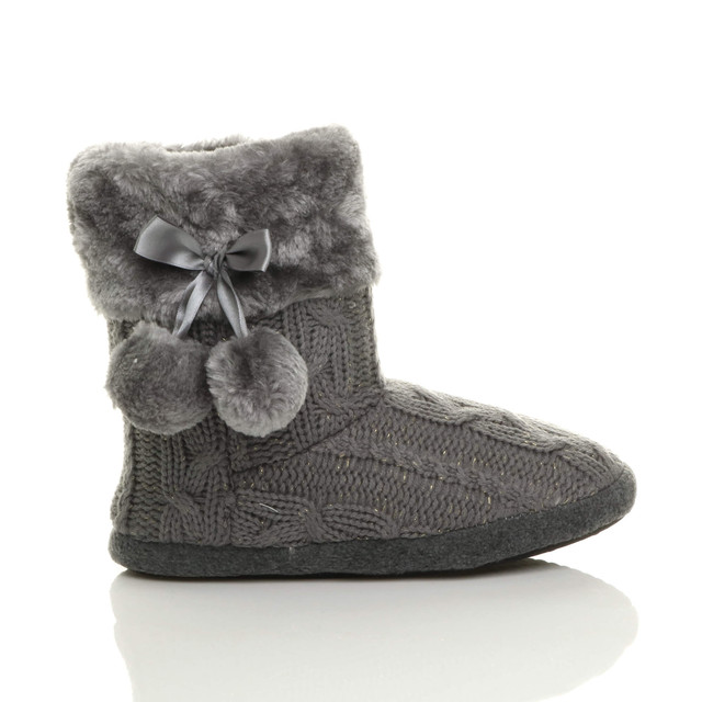 Right side view of Grey Glitter Knit Fur Lined Winter Ankle Boots Slippers Booties