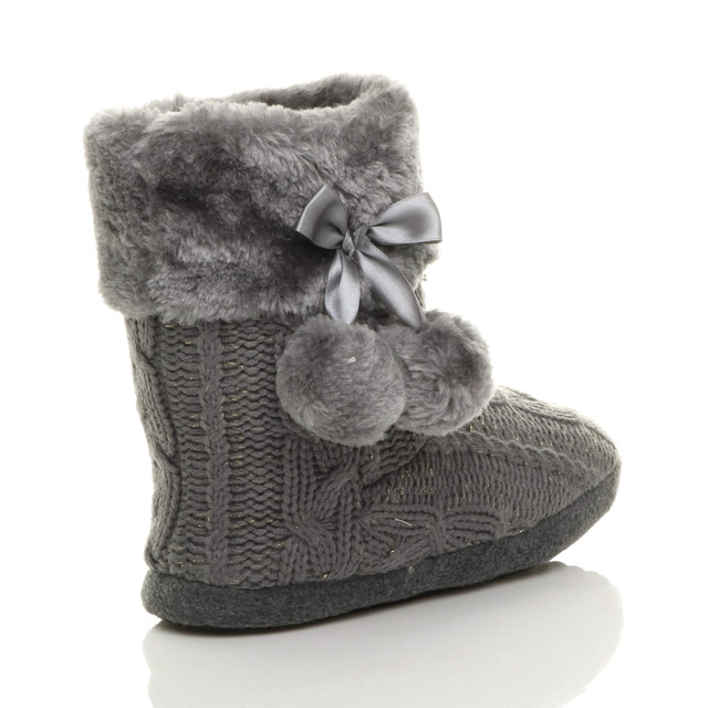 Back right side view of Grey Glitter Knit Fur Lined Winter Ankle Boots Slippers Booties