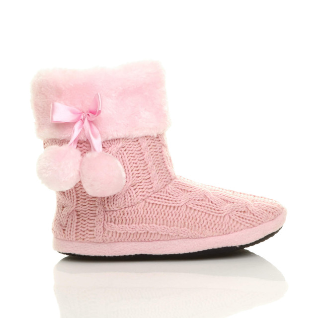 Right side view of Pink Glitter Knit Fur Lined Winter Ankle Boots Slippers Booties