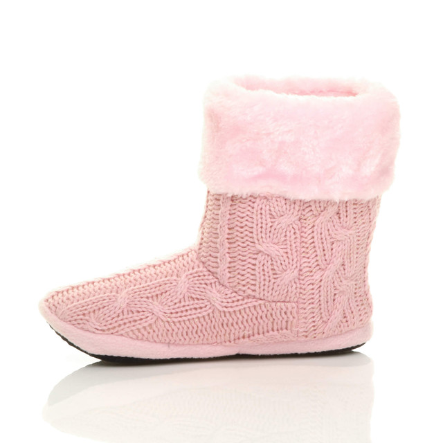 Left side view of Pink Glitter Knit Fur Lined Winter Ankle Boots Slippers Booties