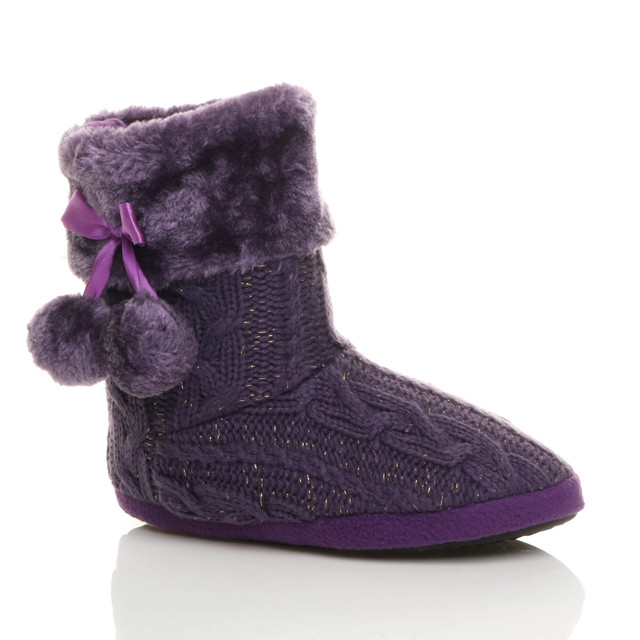 Front right side view of Purple Glitter Knit Fur Lined Winter Ankle Boots Slippers Booties