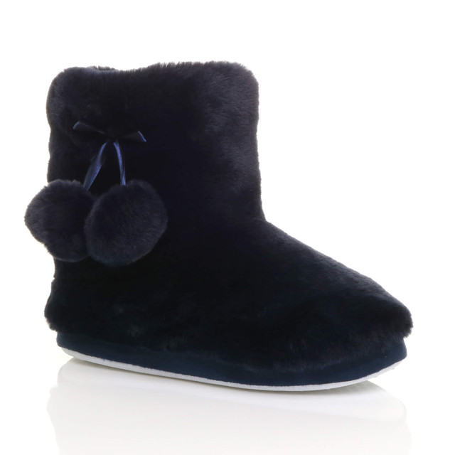 Front right side view of Navy Fur Fur Lined Winter Ankle Boots Slippers Booties
