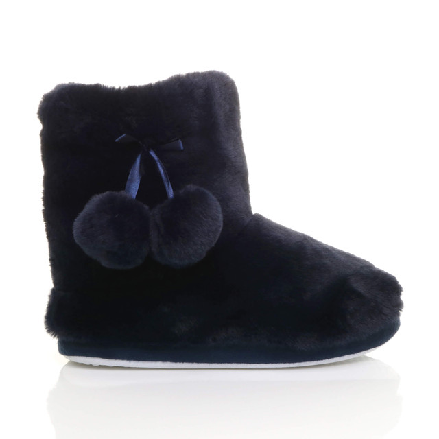 Right side view of Navy Fur Fur Lined Winter Ankle Boots Slippers Booties