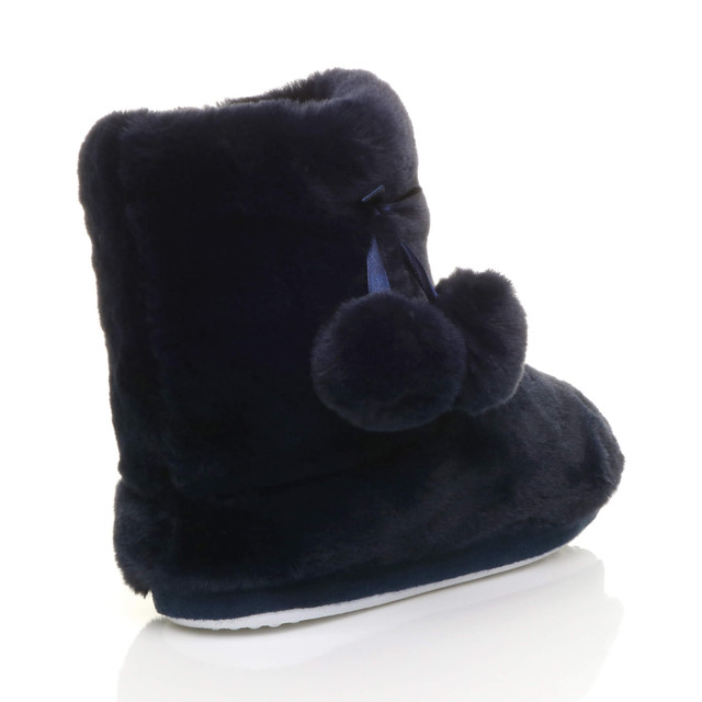 Back right side view of Navy Fur Fur Lined Winter Ankle Boots Slippers Booties
