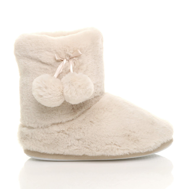 Right side view of Beige Fur Fur Lined Winter Ankle Boots Slippers Booties