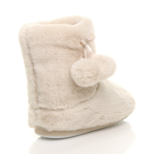 Back right side view of Beige Fur Fur Lined Winter Ankle Boots Slippers Booties
