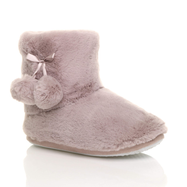 Front right side view of Mocha Fur Fur Lined Winter Ankle Boots Slippers Booties