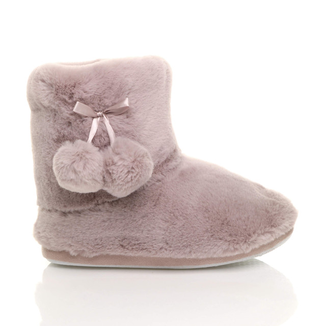 Right side view of Mocha Fur Fur Lined Winter Ankle Boots Slippers Booties