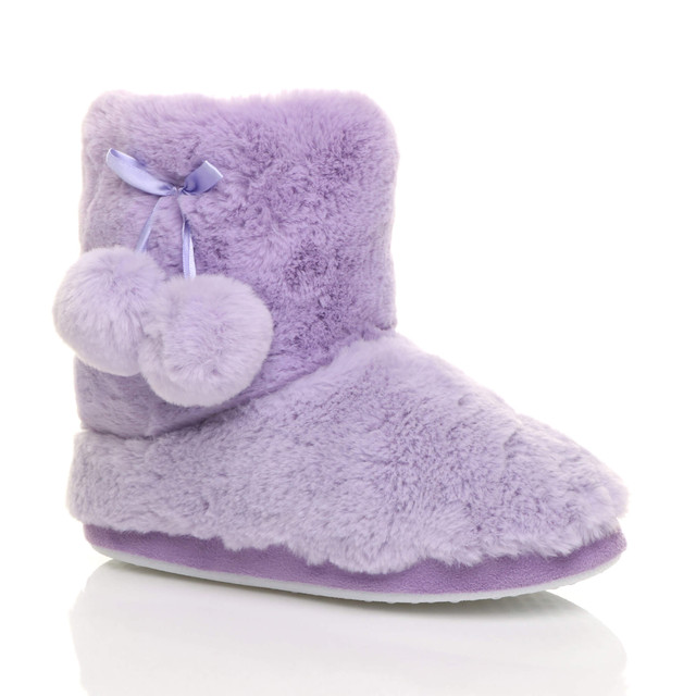 Front right side view of Lilac Fur Fur Lined Winter Ankle Boots Slippers Booties