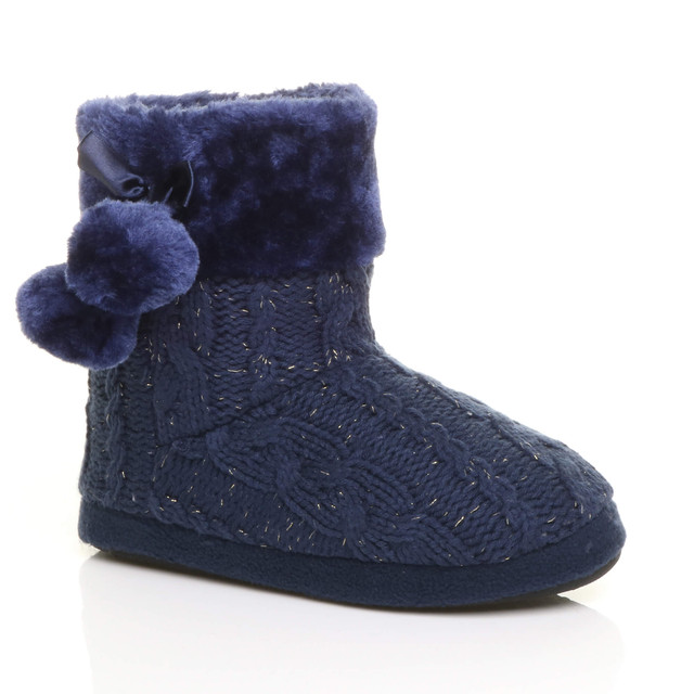 Front right side view of Navy Glitter Knit Fur Lined Winter Ankle Boots Slippers Booties