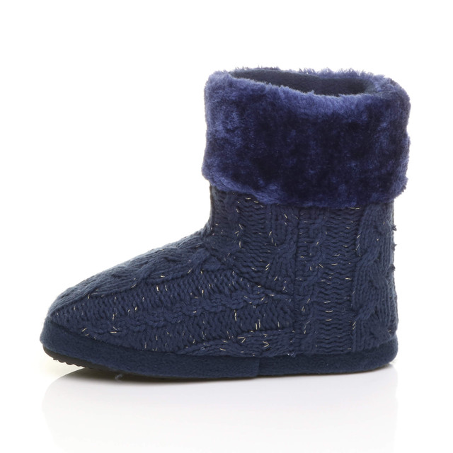 Left side view of Navy Glitter Knit Fur Lined Winter Ankle Boots Slippers Booties