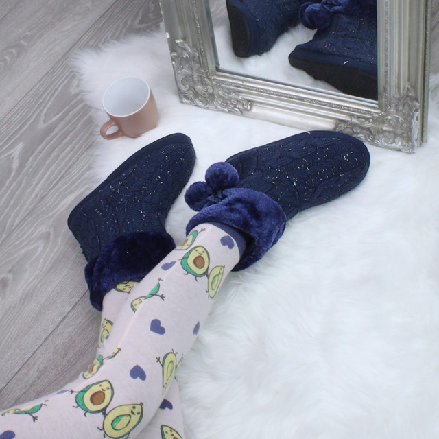 Model wearing Navy Glitter Knit Fur Lined Winter Ankle Boots Slippers Booties