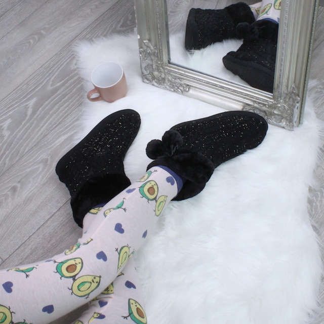 Black Glitter Knit Fur Lined Winter Ankle Boots Slippers Booties
