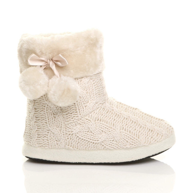 Right side view of Beige Glitter Knit Fur Lined Winter Ankle Boots Slippers Booties