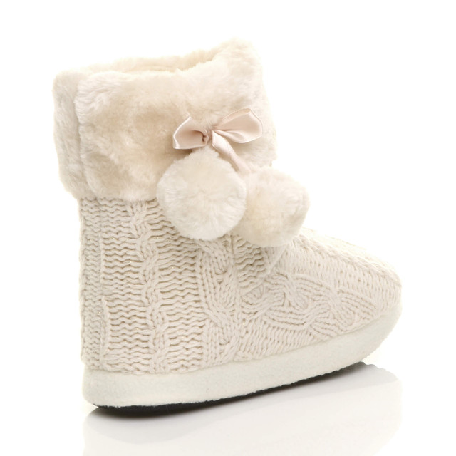 Back right side view of Beige Glitter Knit Fur Lined Winter Ankle Boots Slippers Booties