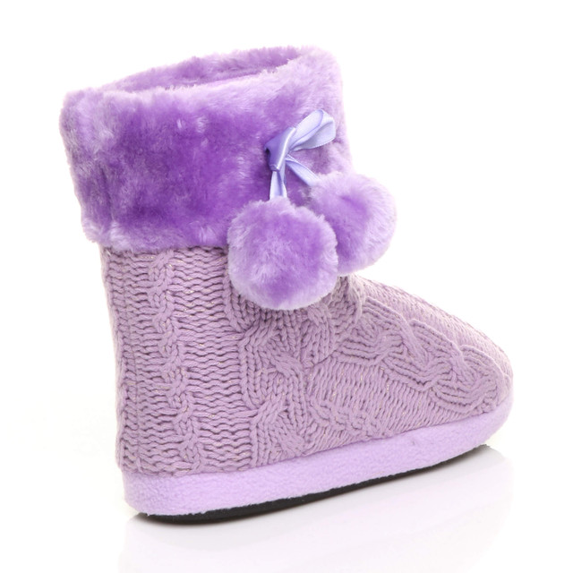 Back right side view of Lilac Glitter Knit Fur Lined Winter Ankle Boots Slippers Booties