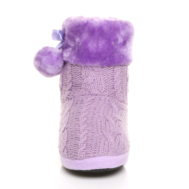 Front view of Lilac Glitter Knit Fur Lined Winter Ankle Boots Slippers Booties