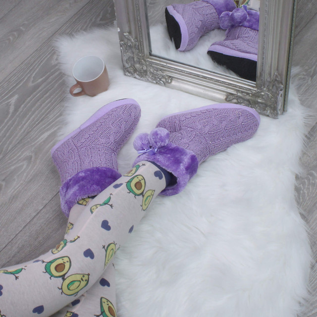 Model wearing Lilac Glitter Knit Fur Lined Winter Ankle Boots Slippers Booties