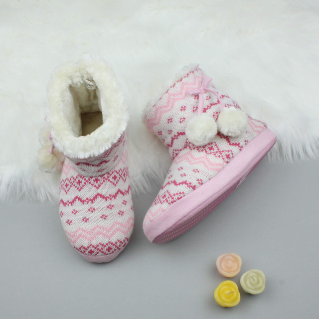 Pink Fairisle Knit Fur Lined Winter Ankle Boots Slippers Booties