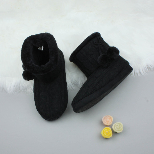 Black Knit Fur Lined Winter Ankle Boots Slippers Booties