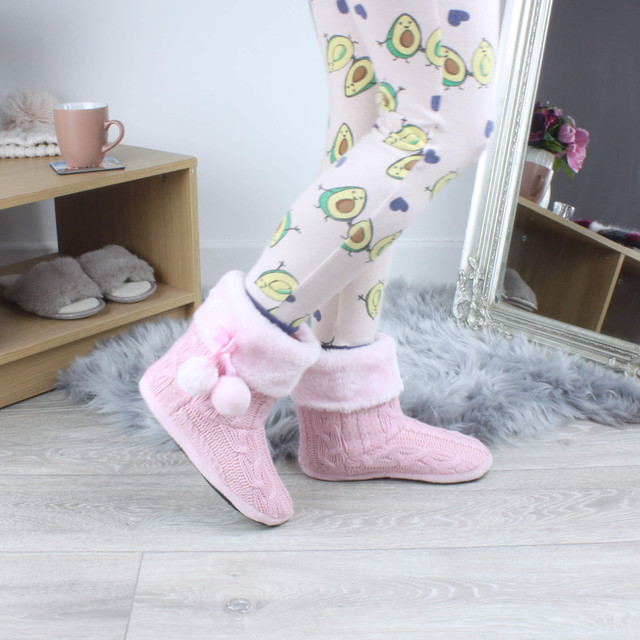 Model wearing Pink Glitter Knit Fur Lined Winter Ankle Boots Slippers Booties