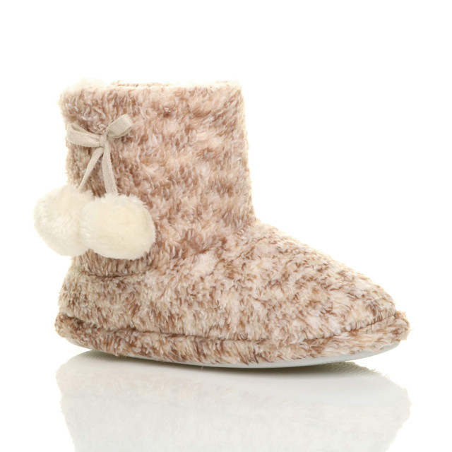 Front right side view of Brown Fur Fur Lined Winter Ankle Boots Slippers Booties