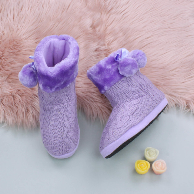 Lilac Glitter Knit Fur Lined Winter Ankle Boots Slippers Booties